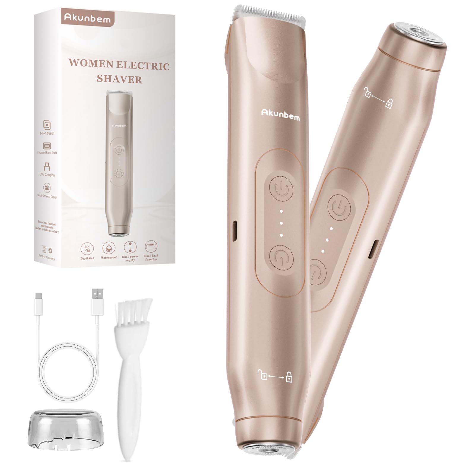 Bikini Trimmer for Women - 2 in 1 Electric Razors for Women - Dual Head Electric Shaver - IPX7 Waterproof Wet & Dry Use Body Hair Trimmer and Facial Hair Remover for Bikini Underarm Leg Arm (Gold)