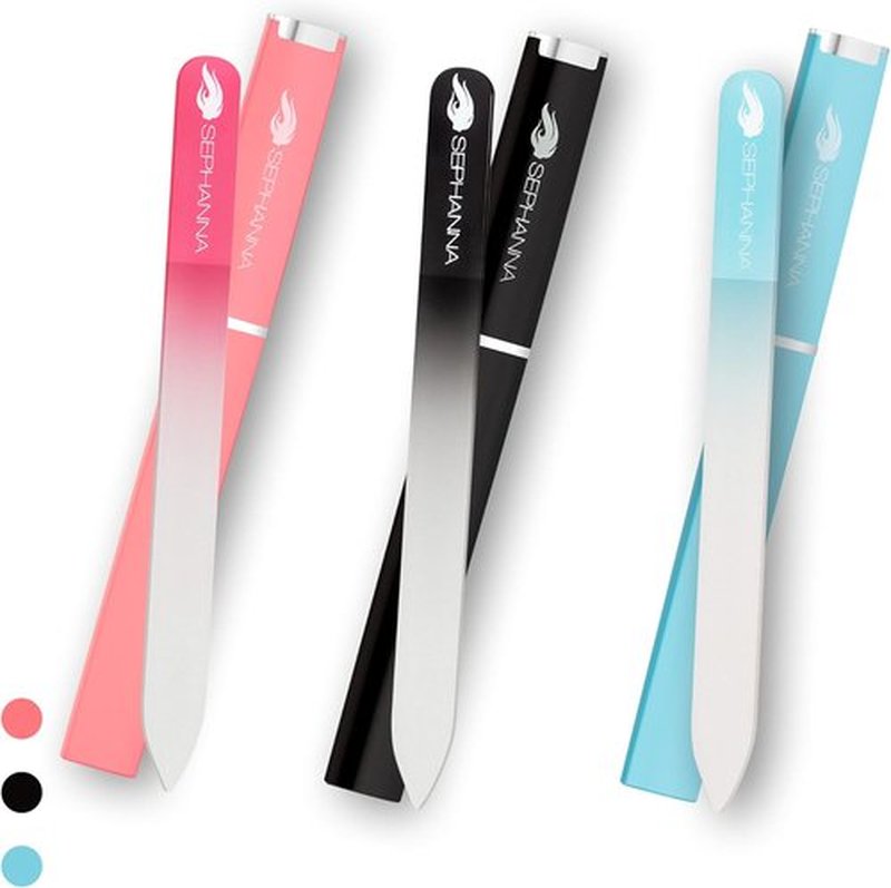 Skiennix Premium Crystal Glass Nail File - Professional Double-Sided for Natural & Acrylic Nails | Portable Case Included (Black, Blue & Pink)