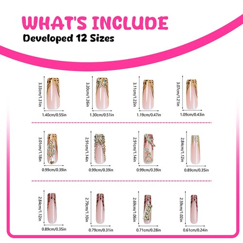 FIEONCIY Press on Nails Long Coffin Shaped Acrylic Glossy Full Cover Long Square French False Nails with Designs Artificial Extra Long Fake Nails with Charms Glue ons Fingernails for Women(XG10114)