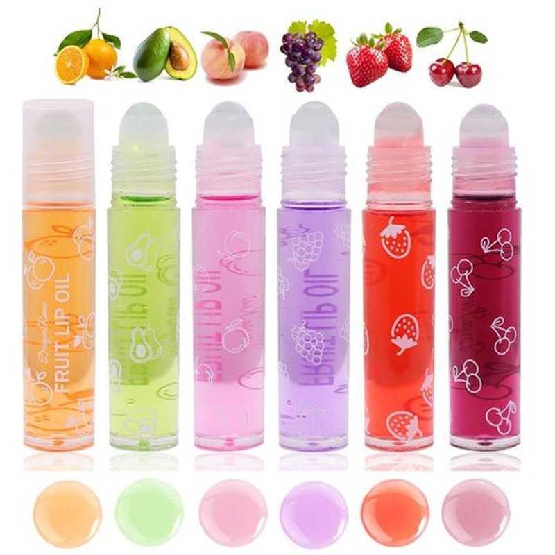 Baorder 6Pcs Roll-On Lip Gloss Set,Fruit Flavored Roll On Rollerball Lip Oil,Transparent Plumping Lip Gloss,Non Toxic Lip-Makeup Set