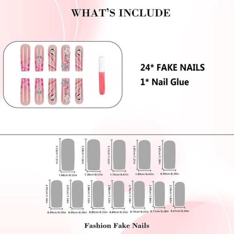 IMRAIN Long Square Press on Nails Pink French Tips Fake Nails with Cross & Cherry Charm Designs Full Cover Glossy Glue on Nails Acrylic Artificial Nail Supplies 24Pcs
