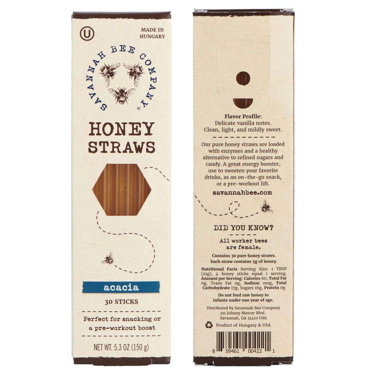 Savannah Bee Company Honey Straws - Pure and All Natural Honey Straw Sticks Made in the USA