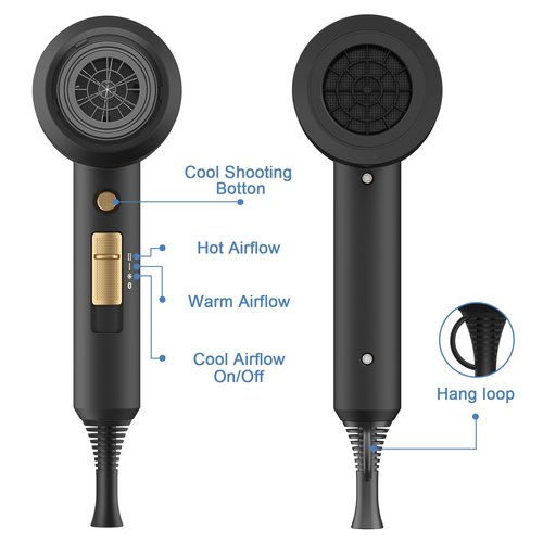 slopehill Professional Ionic Hair Dryer, Powerful 1800W Fast Drying Low Noise Blow Dryer with 2 Concentrator Nozzle 1 Diffuser Attachments for Home Salon Travel (Black)