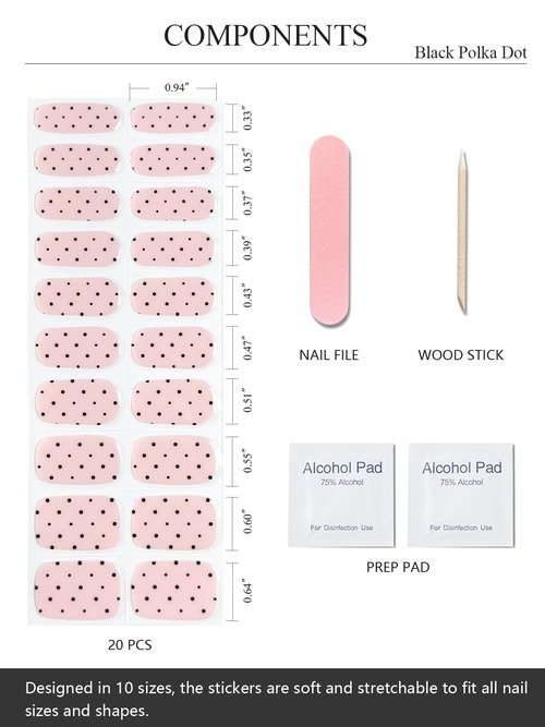 AutyaMee Semi Cured Gel Nail Strips (Black Polka Dot), Bare Pink, 20 Pcs Gel Nail Wraps, Stickers, Long Lasting, Works With Any UV Lamps