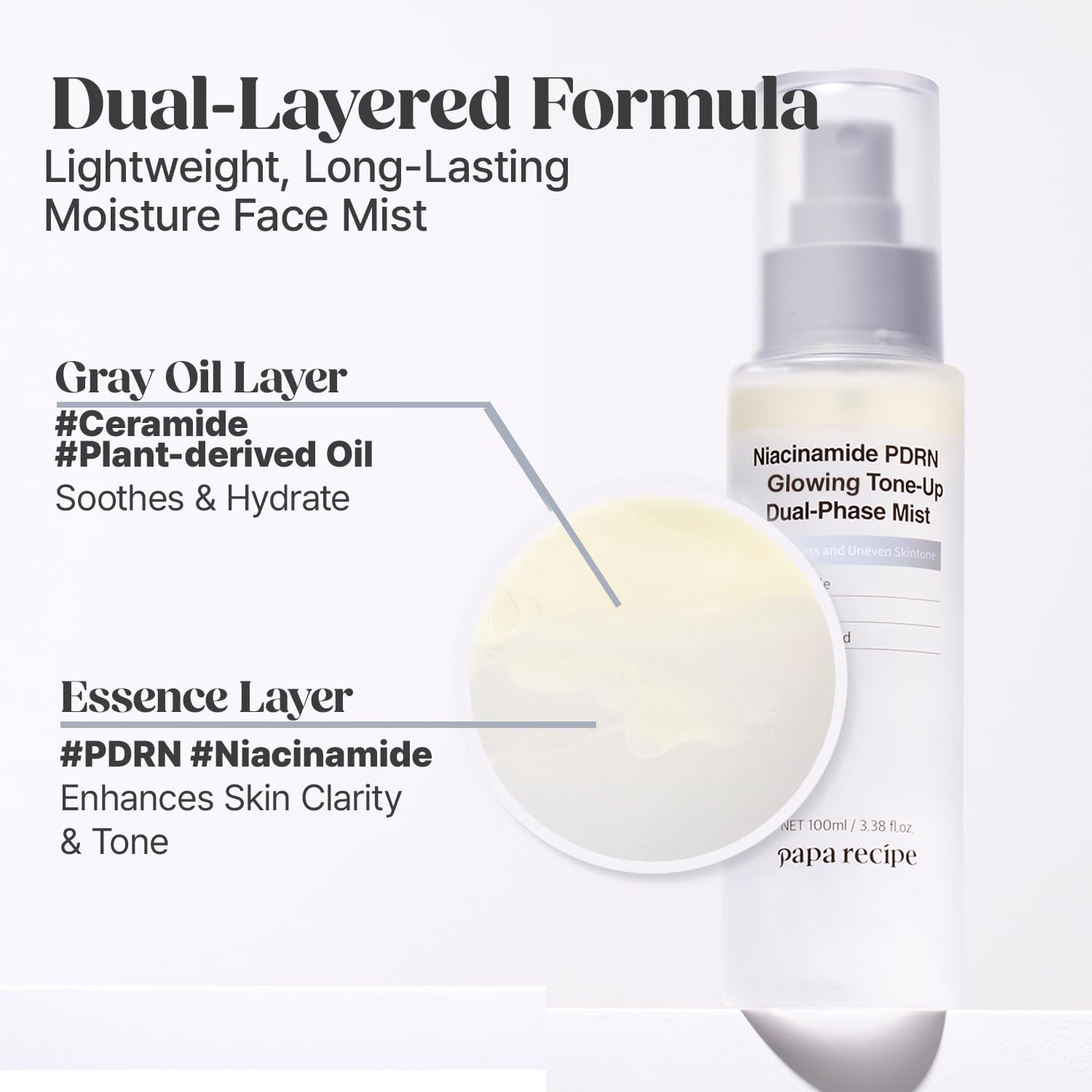 Papa Recipe Niacinamide PDRN Glowing Tone-Up Dual-Phase Mist(3.38fl oz/100ml) - Evening Out Skin Tone & Radiance, Instant Glow, Deep Hydrating Serum Spray, Lightweight & Non-Sticky