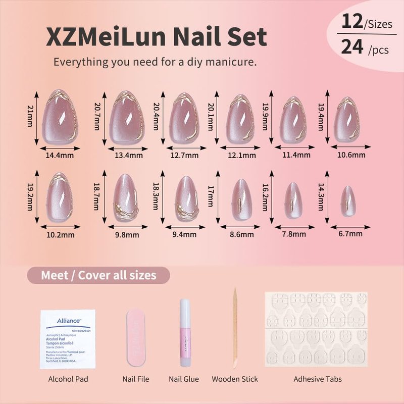 XZMeiLun Pink Cat Eye Press on Nails Short Almond, Acrylic Fake Nails with 3D French Tip Gold Line Design, Reusable Glue-On Stick for Cute Pink Nails for Women