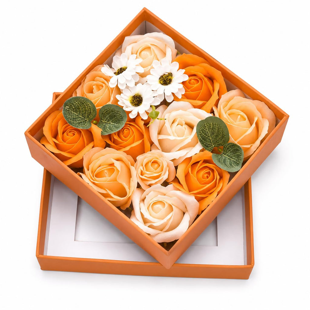 Ideal Swan Rose Bath Soap - Flower Floral Scented Rose Soap Petals in Flower Box, Transparent Window for Women Plant Essential Oil Set for Birthday Valentine’s Christmas （Orange）