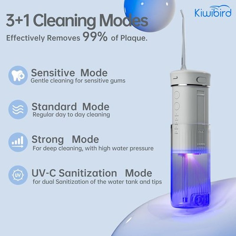 **KIWIBIRD Mini Water Flosser - Ultra-Portable Cordless Oral Irrigator with UVC Light, 3 Modes, 230mL - Travel & Home Use (Purple)**