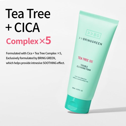 BRING GREEN Tea Tree Cica Trouble Cleansing Foam - Gentle Exfoliating Cleanser for Sensitive Skin (10.1 Fl. Oz., 300ml)