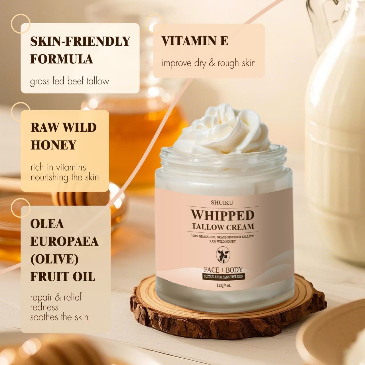 Beef Tallow for Skin with Honey Balm – All-Natural Moisturizer Hydrates and Nourishes the Skin, Whipped Grass-fed Beef Tallow Honey Balm blend - Ultra-Nourishing Moisturizer for Face, Body & Hands.