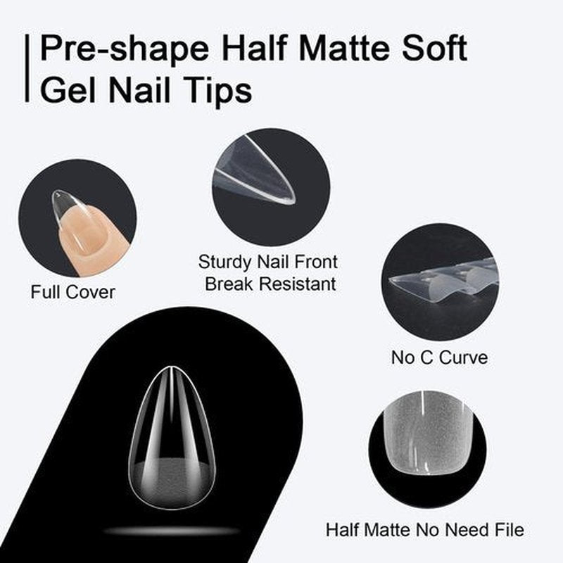 GazePlus X Short Stiletto Clear Fake Nail Tips, 600 pcs Full Cover Half Matte Pre-shaped Soft Gel Nail Tips Set with 12 Sizes for Nail Extension Acrylic Nails Perfect for Home Salon