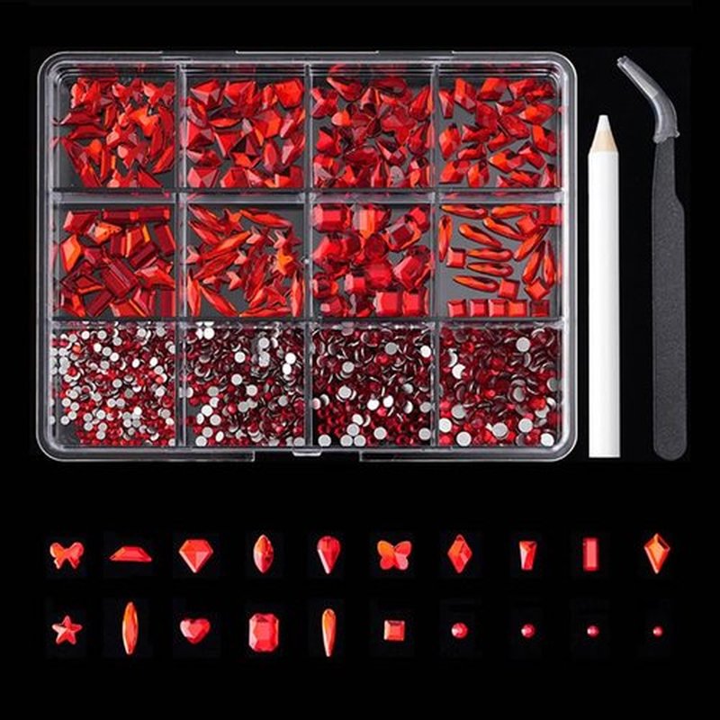 Nail Diamonds Rhinestones Flatback 12-slot box Bright red Mixed Nail Art Studs Gems with 1 Tweezer and Pen,Nail Art Charms, DIY for Phone Case, Cup, Hair Accessories. (Bright red)