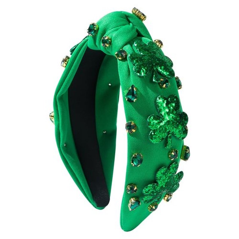 St.Patrick's Day Headband for Women Green Sequins Shamrock Knotted Headbands Rhinestone Crystal Lucky Leaf Embellished Wide Top Knot Headbands St.Patrick's Day Accessories