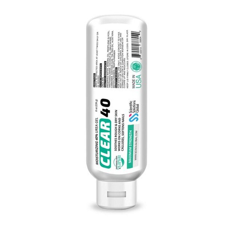 Clear 40, 40% Urea Gel, 8 oz w/Tea Tree & Coconut Oil, Aloe Vera Extract, Works on Calluses & Corns, Moisturizes & Softens Cracked Heels, Feet, Elbows, Hands, Nails, Superior Hydration to Urea Creams