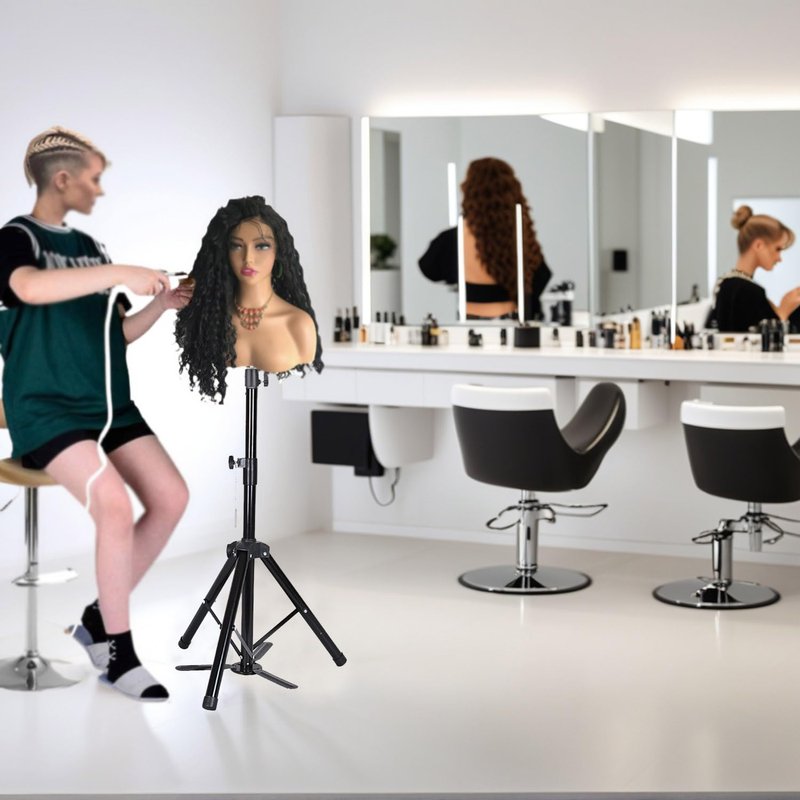 Upgraded Wig Stand Tripod, 55" Heavy Duty Reinforced Adjustable Mannequin Head Stand Tripod for Styling Cosmetology Hairdressing Training, Metal Wig Head Stand Holder with Wig Caps,Paddle Comb T-Pins (55" Black Tripod with Pedal)