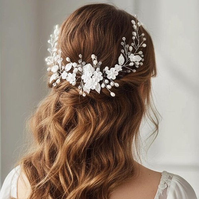 Bessney Flower Wedding Hair Vine Pearl Bridal Headband Silver Hair Accessories for Women