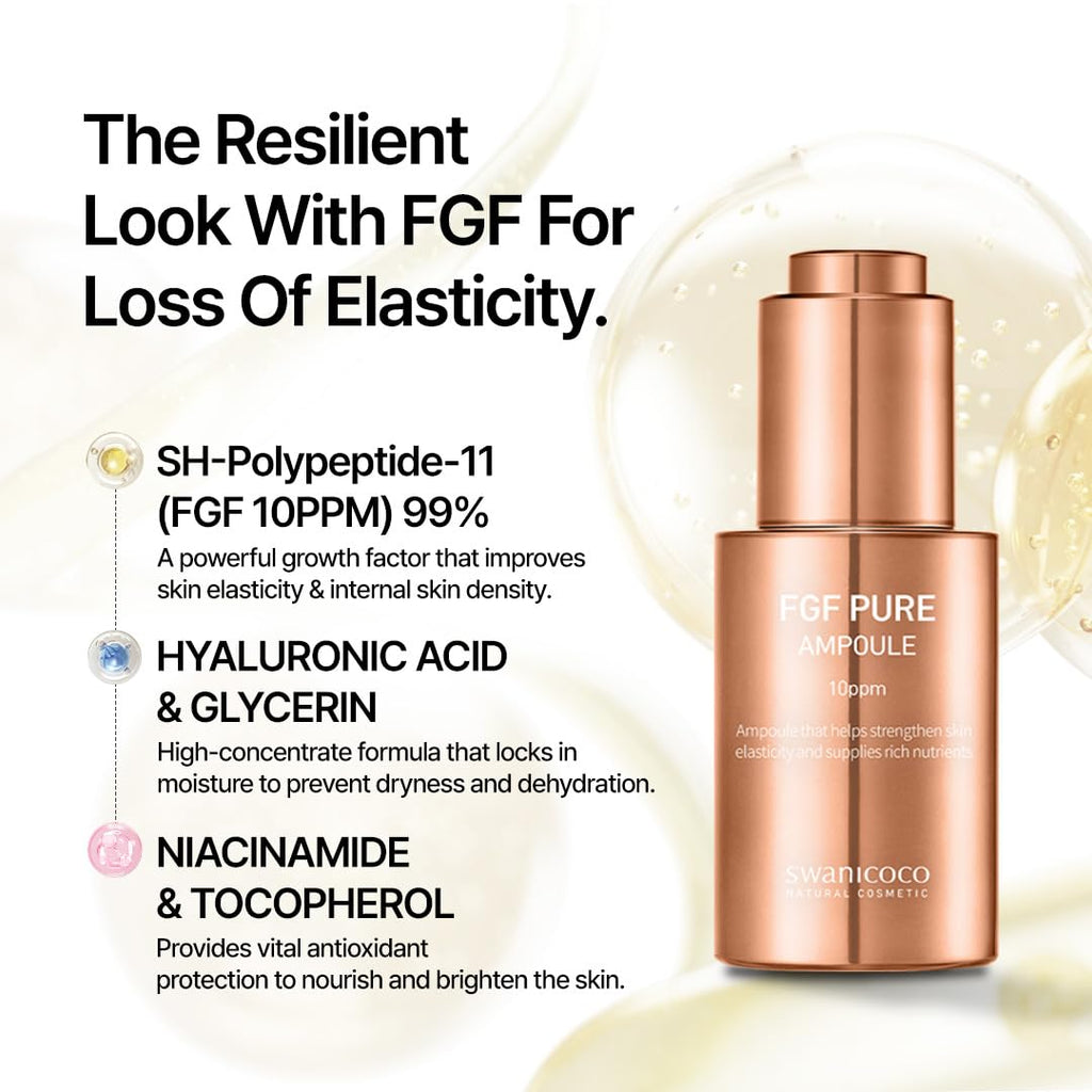 Swanicoco Pregnancy Safe Skincare FGF Pure Ampoule Serum (FGF 10 PPM), Firming Anti Aging, Hyaluronic Acids Glycerin Niacinamide, Improves Dermal Elasticity Reduces Fine Lines Hydrating 30ml 1 Fl Oz