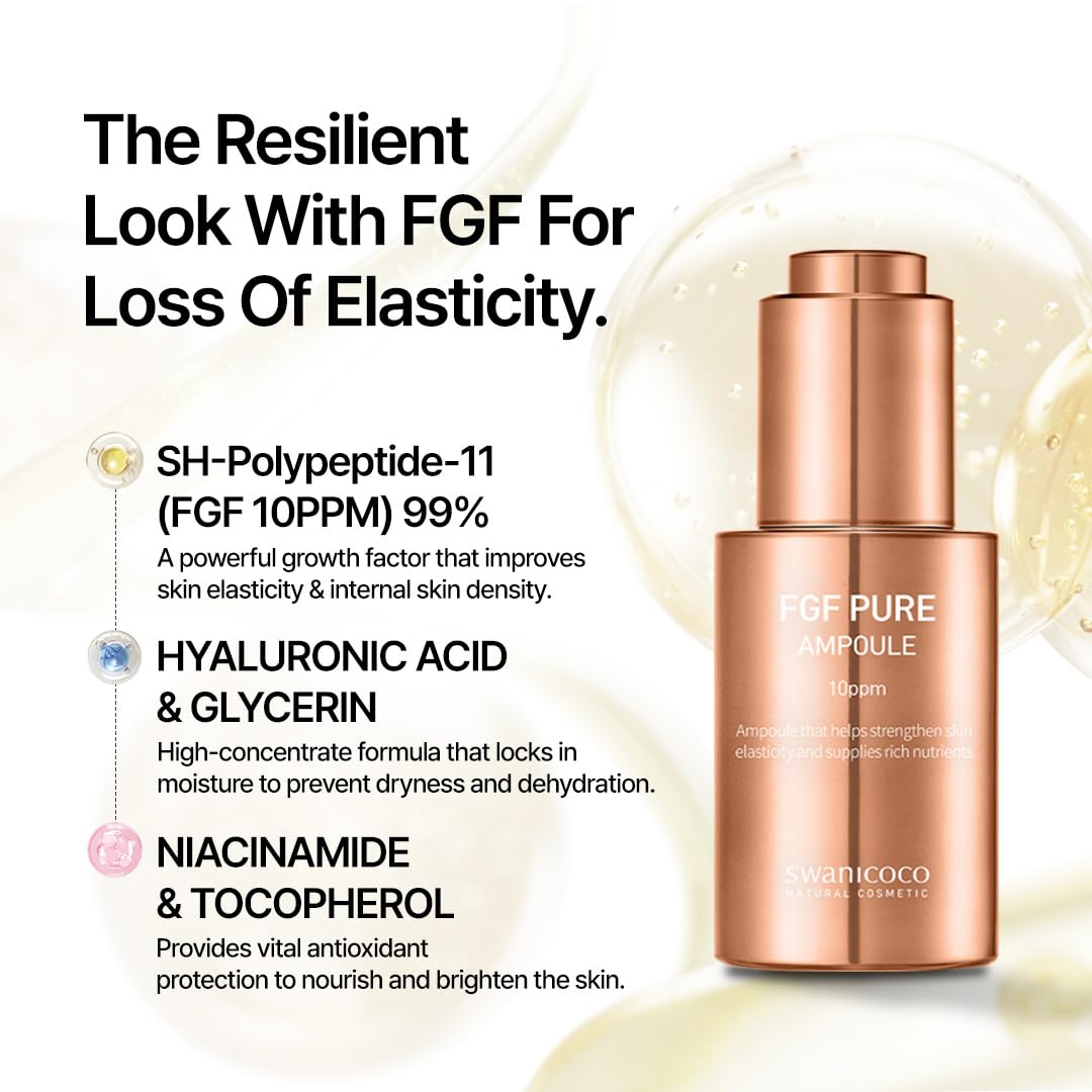 Swanicoco Pregnancy Safe Skincare FGF Pure Ampoule Serum (FGF 10 PPM), Firming Anti Aging, Hyaluronic Acids Glycerin Niacinamide, Improves Dermal Elasticity Reduces Fine Lines Hydrating 30ml 1 Fl Oz