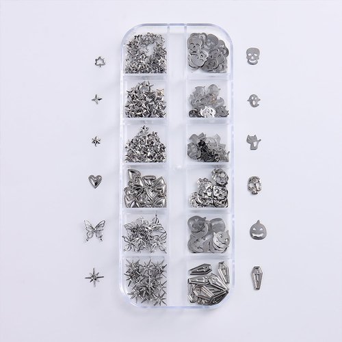 Halloween Nail Art Glitter Sequins 3D Holographic Skull Pumpkin Ghost Butterfly Cat Coffin Love Star Halloween Gold Silver Glitter for DIY Nail Art Halloween Party 24 Grids