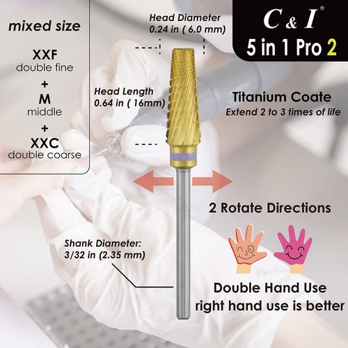 C & I 5 in 1 Nail Drill Bit, Mixed Sizes Edition, Cross Teeth, 2 Way, Professional Multi-function Nail Drills for Electric Manicure Drill Machine, Shank 3/32” (Pro2)