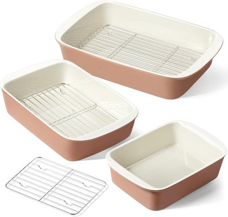 LE TAUCI Deep Casserole Dishes Set - 3-Piece Ceramic Baking Dish with Handles | Large Lasagna Pans in Dusty Pink (4.6QT/3.0QT/1.6QT)