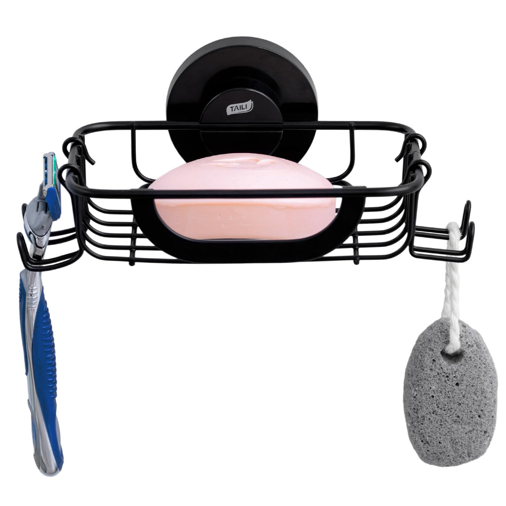 TAILI Soap Holder for Shower – Suction Cup Bar Soap Dish with Hooks, Rustproof Stainless Steel, Self-Draining Sponge Holder with Razor Holder for Bathroom & Kitchen, Black