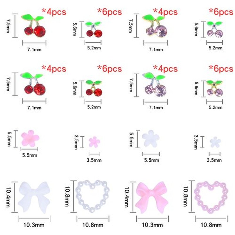 HNUIX 3D Nail Charms - Multiple Shape, Shiny Gems,Pink & Red & White, Flowers, Resin Bows Heart, Flat Back Cherry Nail Rhinestones, for Nail Art, DIY Manicure Decor
