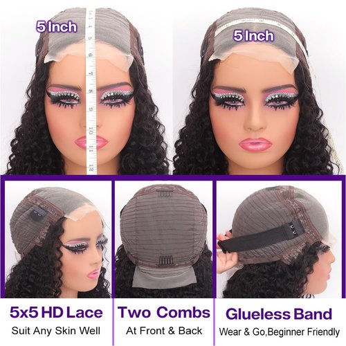 omswet Curly BOB Wig Human Hair 200 Density 5x5 HD Lace Closure Deep Wave Wigs for Black Women Glueless Wear and Go Pre Plucked Deep Wave Wet and Wavy Glueless Wigs Human Hair Natural Black 14 Inch