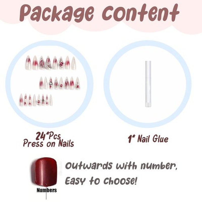 BABALAL Stiletto Press On Nails - Long, Fake, Sliver Glue, 3D, Red Planet Heart, Y2k Acrylic, 24pcs Almond Goth Manicure, Artificial Punk False Nails for Women & Girls
