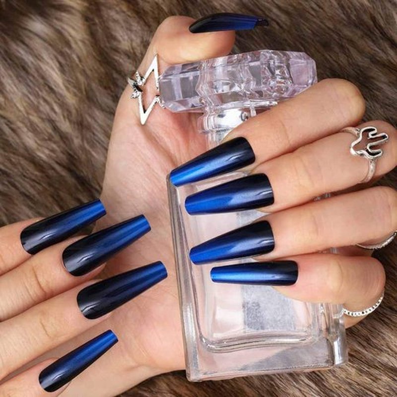 Outyua Ombre Extra Long Press on Nails Coffin Fake Nails Ballerina False nails Acrylic Halloween Christmas Nails for Women and Girls 24Pcs (Black and Blue)