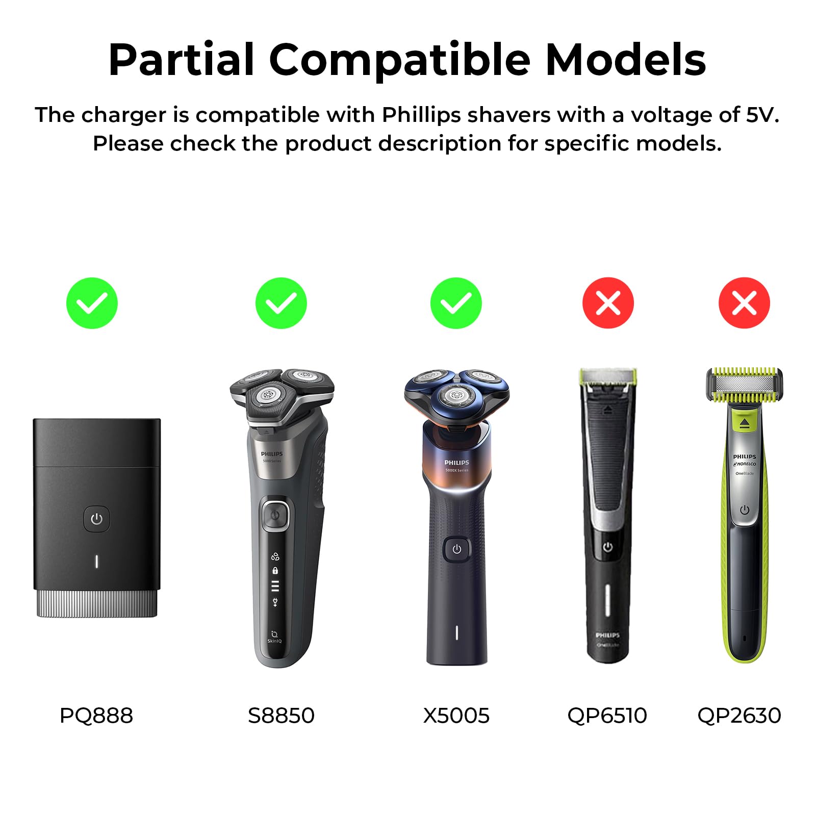5V Charger for Philips Norelco OneBlade QP2724 QP2834 MG5910 MG7910 MG9510 MG9520 PQ888 PQ889, Wet & Dry Shaver Series 2000 5000 7000 3000 Phillips Norelco Shaver 3900 2400 Charging Cord