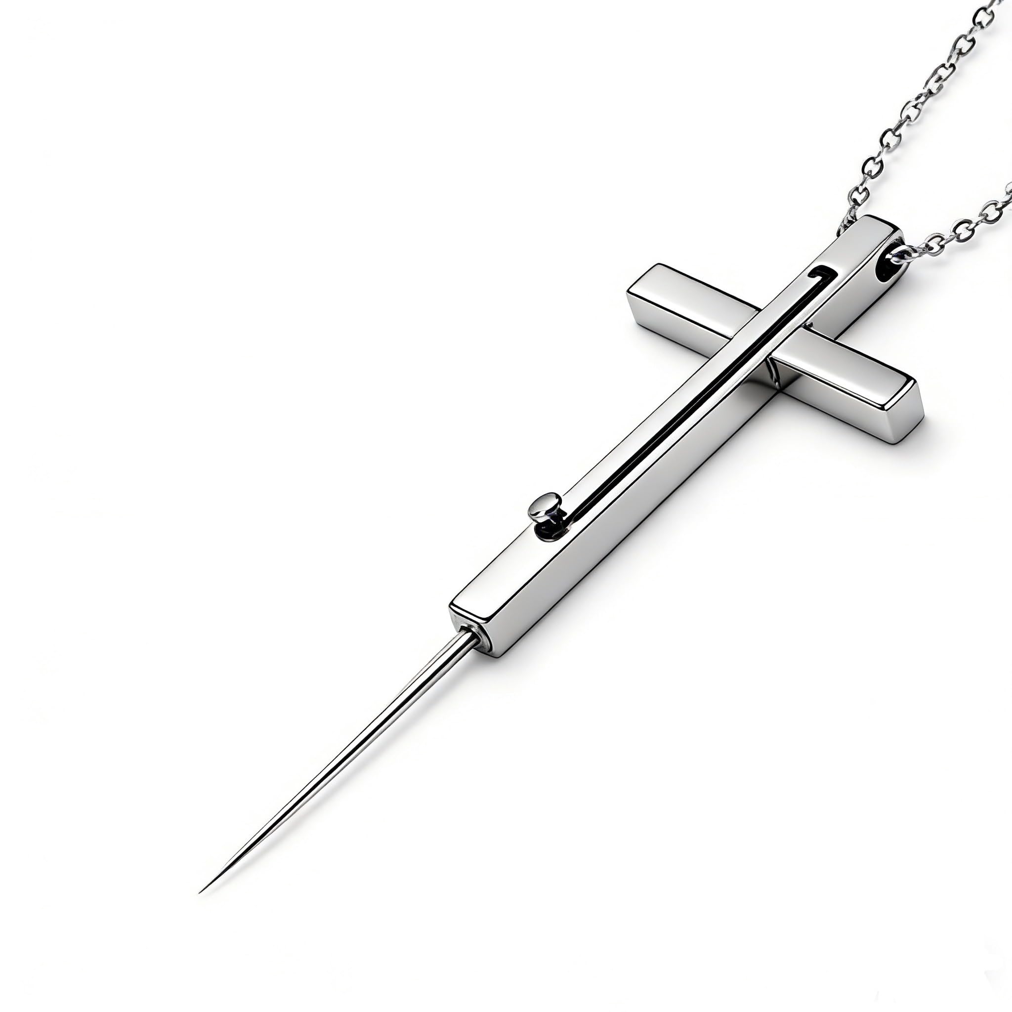 Self Defense Necklace for Personal Safety, Hidden Cross Pendant with Safety Lock, 21 Inch Stainless Steel Emergency Tool