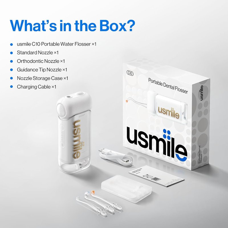 Usmile C10 Portable Water Flosser - Travel-Friendly Design, 95-Day Battery Life, 4 Modes, 180ml Tank | IPX7 Waterproof, Ideal for Braces & Sensitive Gums (White)