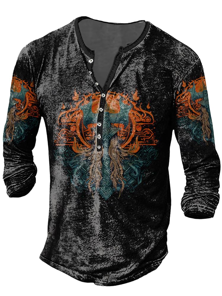 ZOCANIA Mens Henley Shirts Christian Shirt Jesus Cross Retro Long Sleeve Casual Button Down Washed T-Shirts for Men Graphic Tee Tops,Orange,5XL
