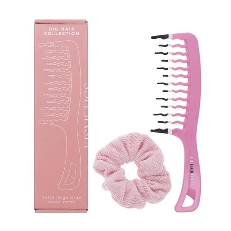 KISMETICS Big Hair Tools Extra Large Wide Tooth Comb for Thick, Curly, Wavy or Long Hair - Frizz-Free Detangling Shower Comb - Big Hair Comb and Microfiber Scrunchie