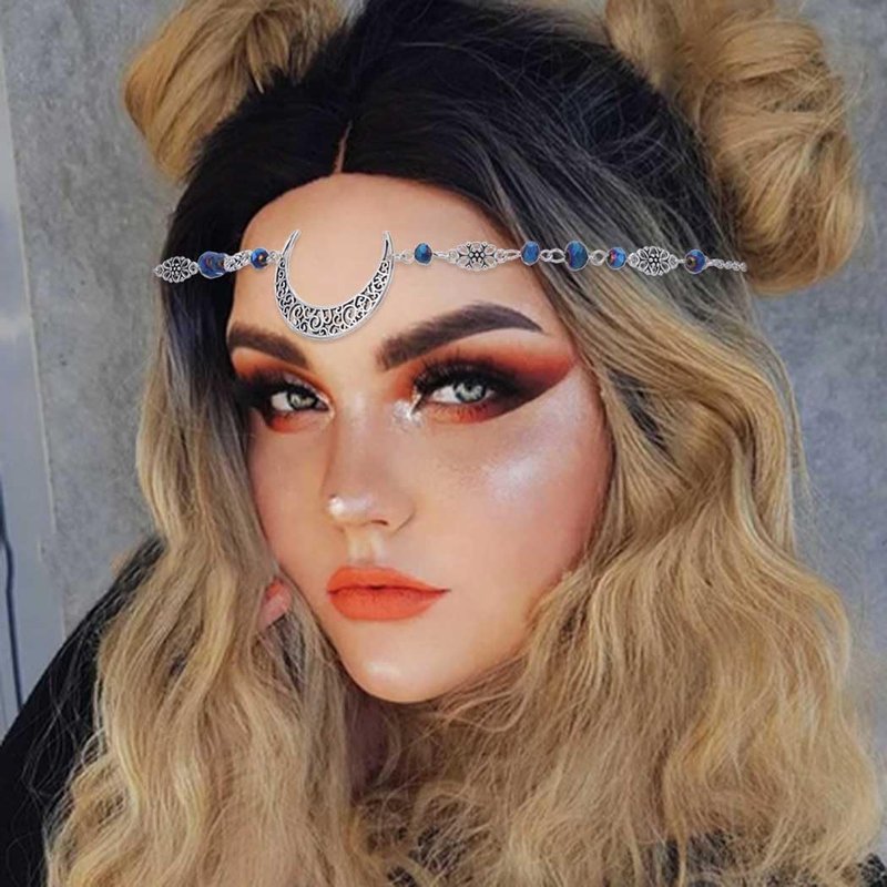 Yalice Boho Crescent Moon Head Chain Vintage Black Crystal Headband Chain Rhinestone Headpieces Witchy Forehead Chain for Women (Silver-Blue2, One Size)
