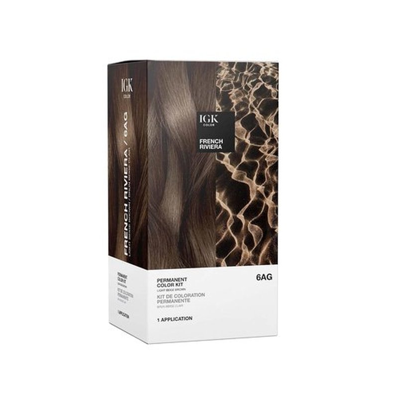 IGK Permanent Hair Dye Color Kit - 6AG French Riviera Light Beige Brown | 100% Gray Coverage & Shine, Ammonia-Free