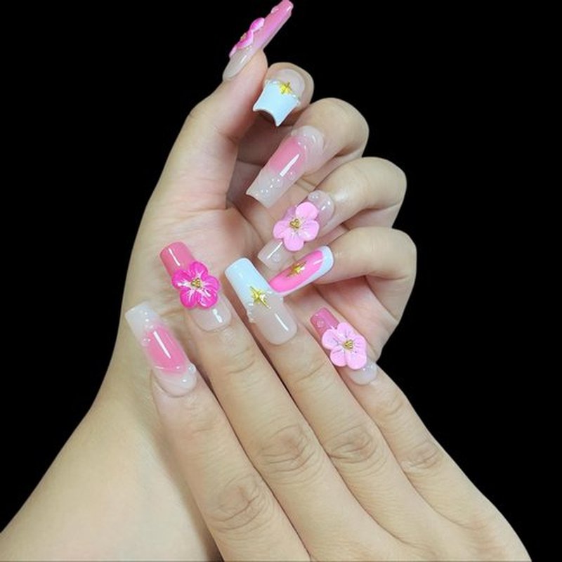 Handmade Press On Nails Medium/Long Square Pink 3D Sakura Design - Reusable French Acrylic Fake Nails with Gold Stars & Pearls, Luxury Cherry Blossom False Nails (Pink Sakura, M)