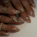 XZMeiLun 3D Boho Stars Gold Press On Nails Almond Medium 30Pcs, Heart Charms Design Reusable Acrylic Nails Press Ons, Fake Nails With Cute Celestial Glue On Nail, Daily Wear False Nail For Women