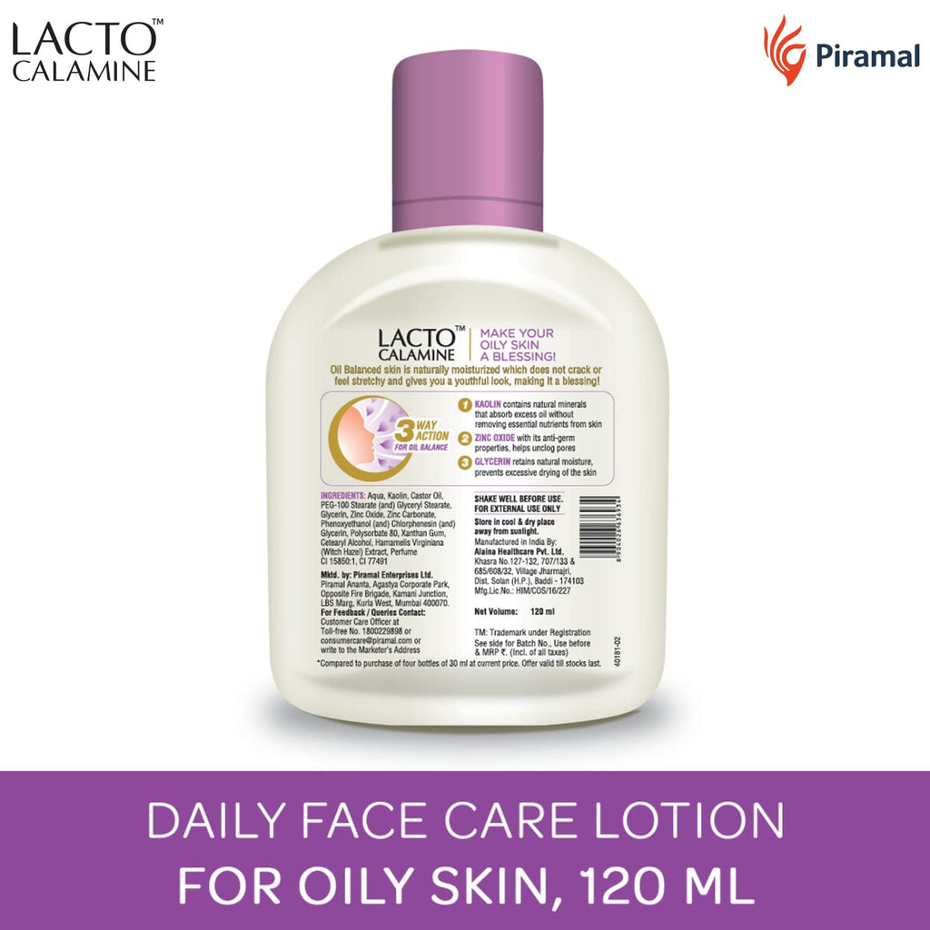 Lacto Calamine Face Moisturizing Lotion for Combination to Normal Skin | Excess Oil Absorbing & Pore Refining Moisturizer, Advanced Ceramides Complex | 4.06 Fl Oz (120ml)
