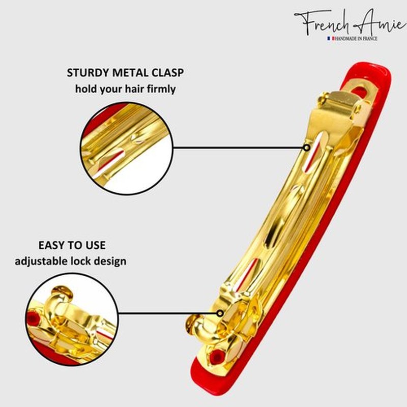 French Amie Rectangular Handmade Small Hair Barrette 2 1/4 Inch with Metal Clasp, Cellulose Acetate Hair Clip Grip for Women & Girls, Strong Hold for Fine Hair, Bangs, and Half-Up Styling (Red)