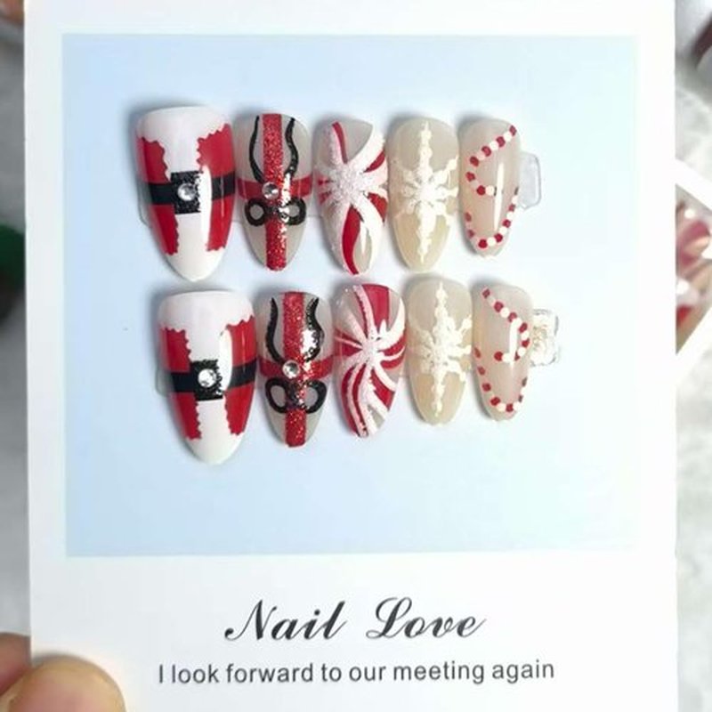 30Pcs Christmas Press on Nails Medium Almond Fake Nails Red white Striped Snowflakes Glue on Nail Gem Rhinestones Design Reusable Winter False Nails Full Cover Artificial Acrylic Nail for Women