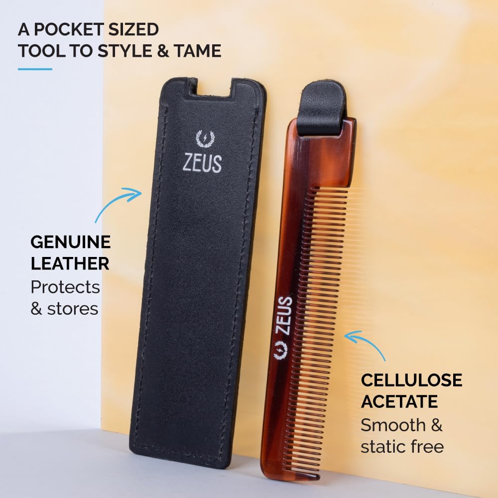 ZEUS Pocket Beard Comb with Leather Sheath, Handmade Saw‑Cut Travel Comb