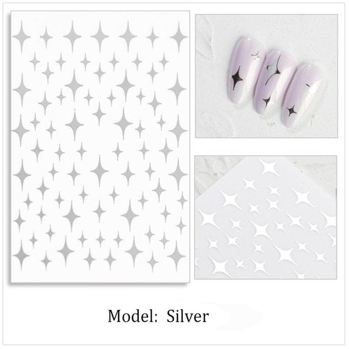 HNUIX Nail Stickers - Star 3D, Self Adhesive Nail Decals, Multi Colour, 6 Sheets, for Nail Art