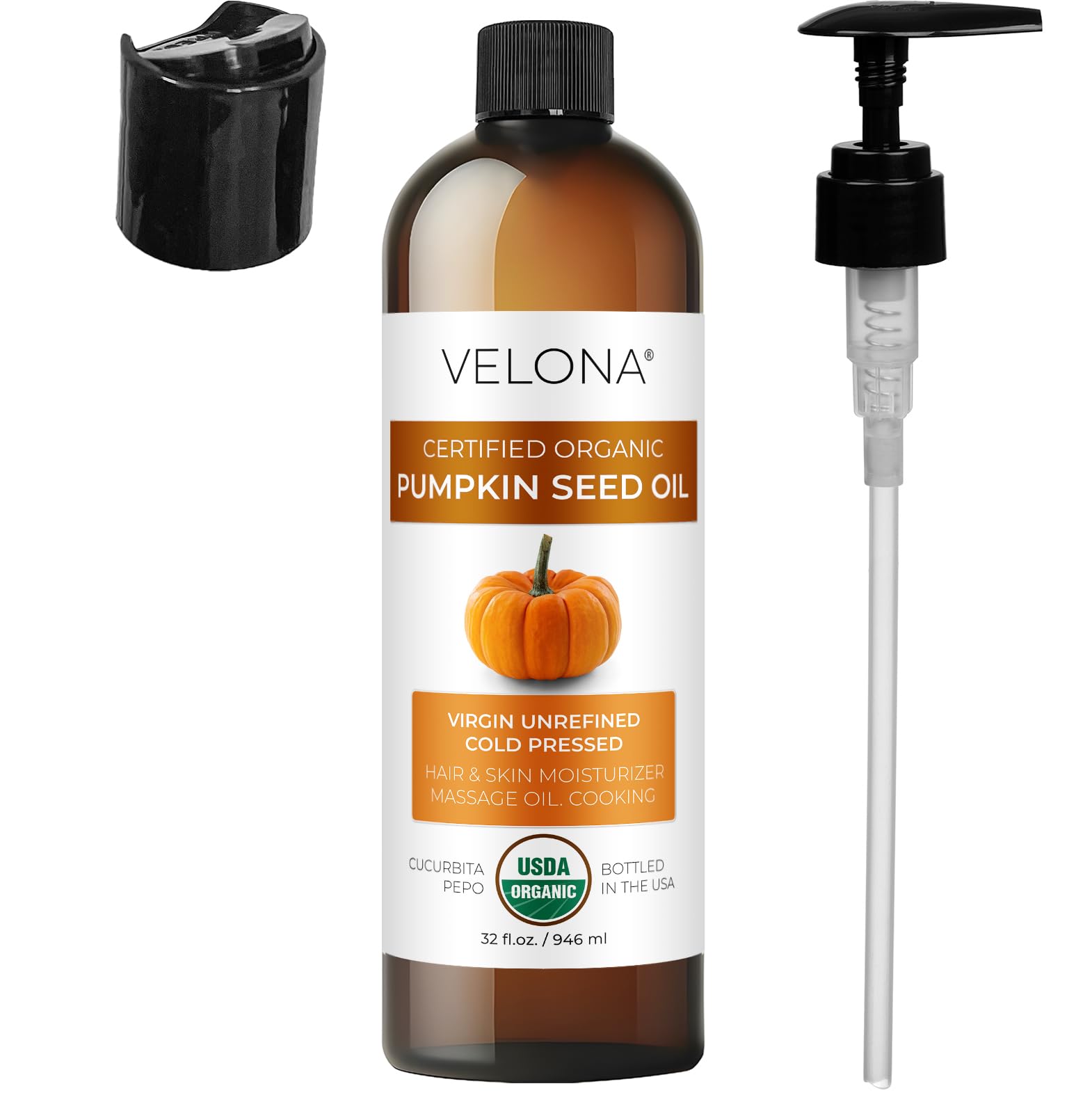 velona Pumpkin Seed Oil USDA Certified Organic - 32 fl oz | 100% Pure and Natural Carrier Oil | Unrefined, Cold Pressed | Cooking, Face, Hair, Body & Skin Care | Use Today - Enjoy Result