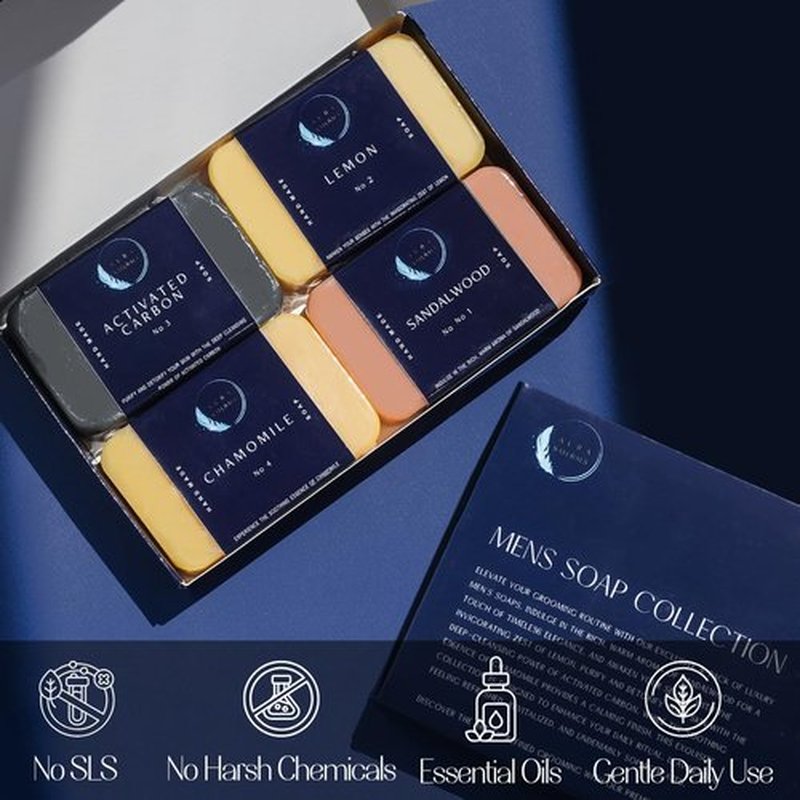 Aura Naturals Mens Bar Soap Pack of 4 - Sandalwood, Lemon, Activated Carbon & Chamomile Scented Natural Soap for Men - 5.3oz Bar - Exfoliating Soaps for Men Body, Hand, Face - Male Soaps Gift Set