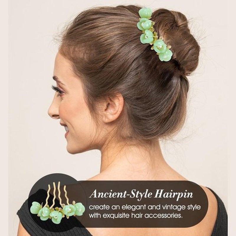 inSowni 5 Pieces Vintage Retro Traditional Asian Chinese Hanfu Pearl Green Jade Flower Hair Side Combs Slides Metal Hair Pins Sticks Chopsticks Bun Updo Holders Hair Accessories for Women Girls
