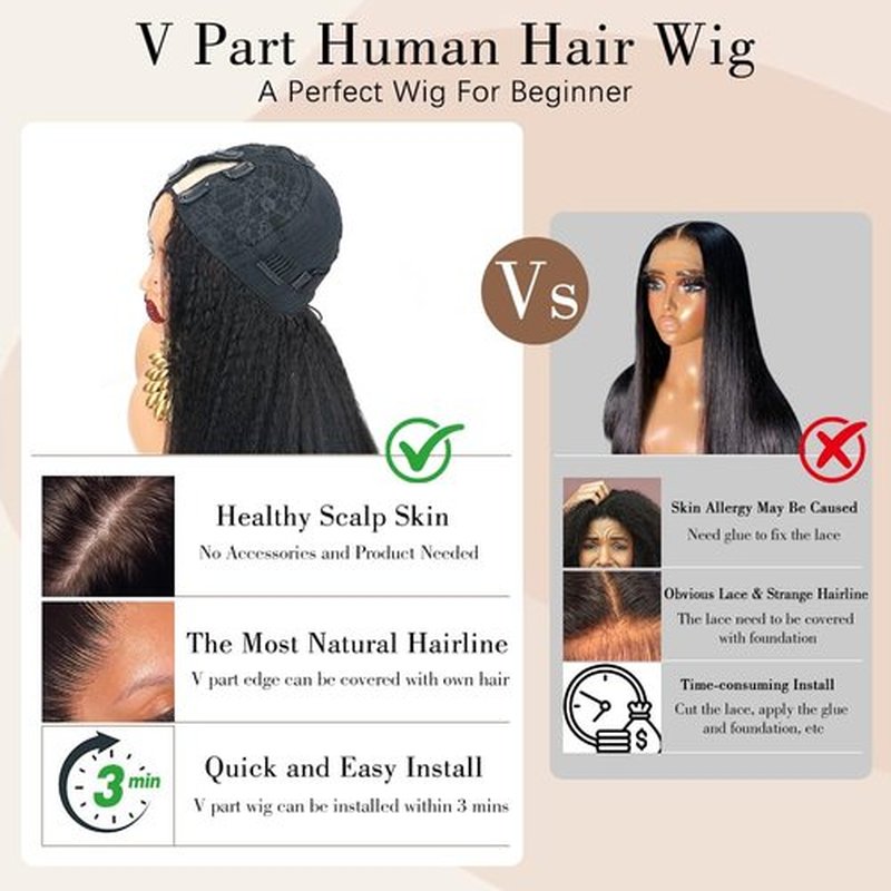 Goulus Kinky Straight V Part Wig Human Hair 18 Inch V Part Wig For Women with Drawstring 180% Density Upgrade Glueless U Part Wig No Leave Out No Sew In Kinky Straight Human Hair Wigs Natural Black