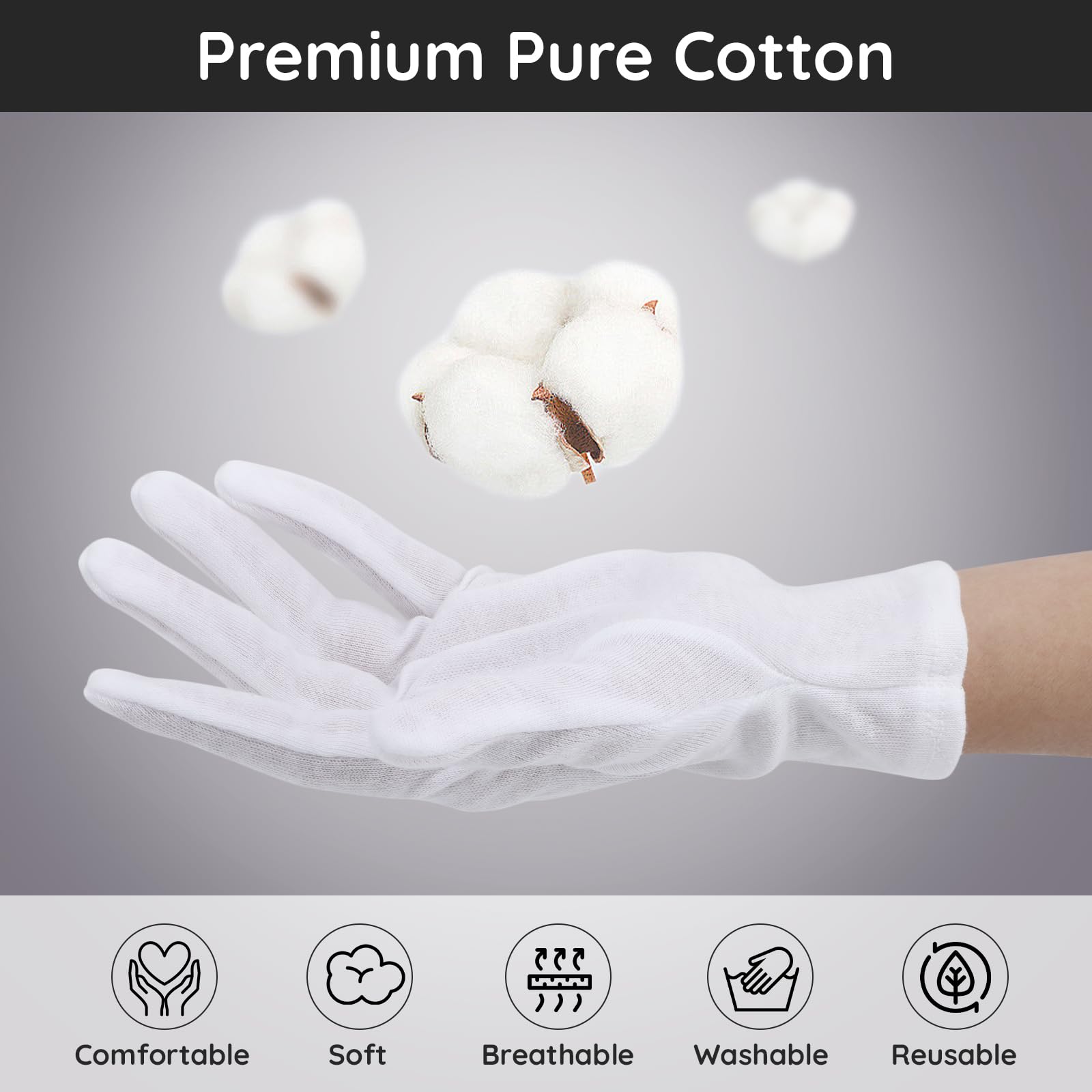 Segbeauty 12 Counts White Cotton Gloves, Large Thick Hand Moisturizing Overnight Sleeping for Dry Hands, 6 Pairs Washable Work Gloves, White Lotion Overnight for Men and Women