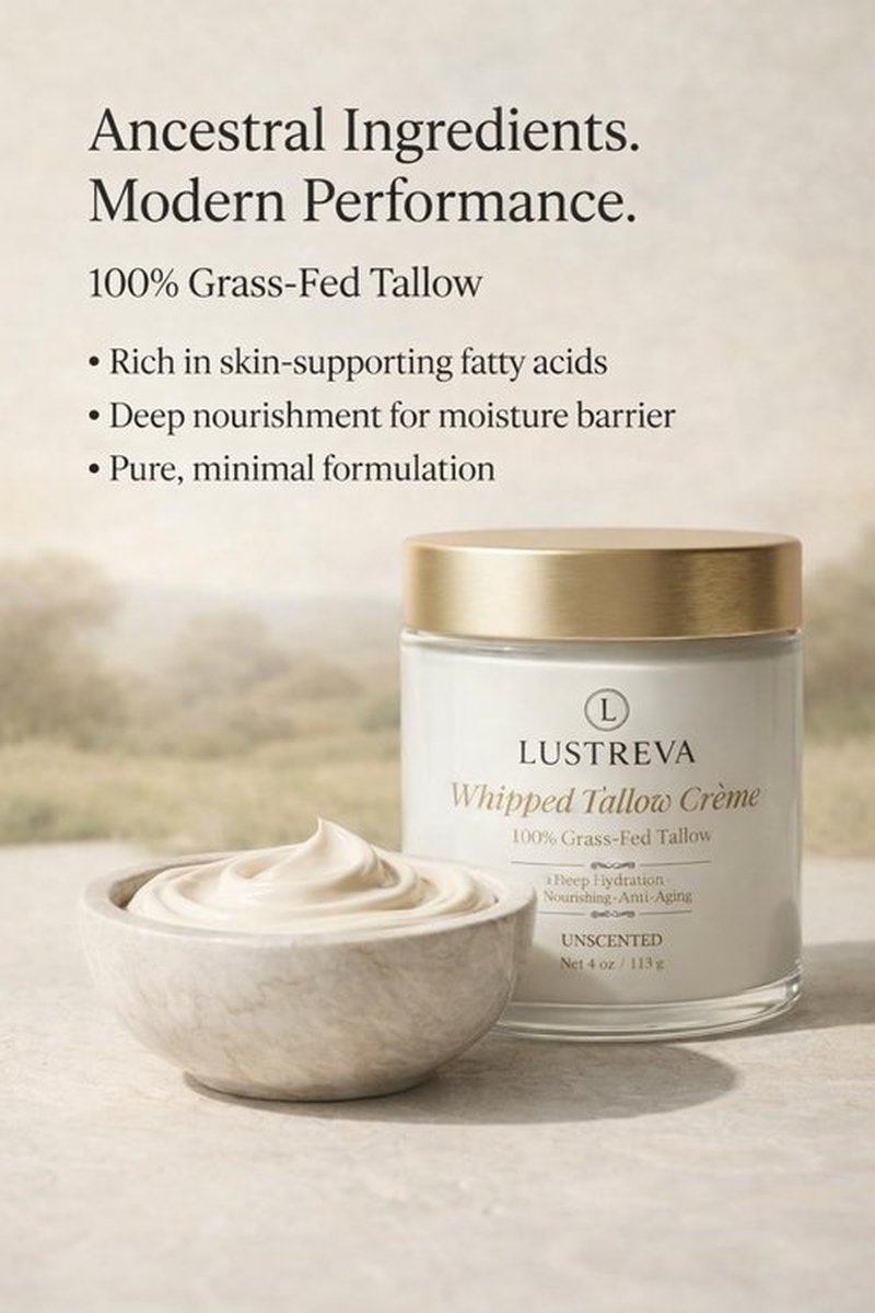 Lustreva Beef Tallow for Skin – 100% Grass-Fed Whipped Tallow Cream Moisturizer for Face & Body – Deep Hydration for Dry, Sensitive & Eczema-Prone Skin – Unscented Natural Tallow Balm – 4 oz
